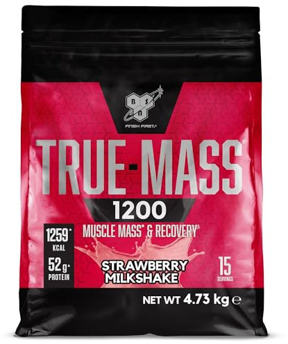 BSN True Mass 1200, protéines en poudre, gain de masse avec isolat de whey et glucides, gain de poids et de muscle et récupération Post Workout, goût Milkshake à la fraise, 15 portions, 4,8 kg