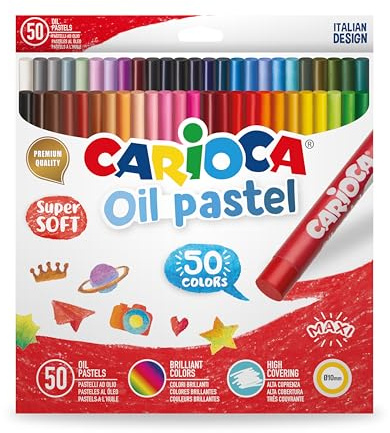 Carioca Ceras Oil Pastel | Pasteles al Óleo | Caja de 50 Ceras con Colores Suaves Brillantes y Cubrientes | Cuerpo Maxi de Ø10 mm | 50 piezas