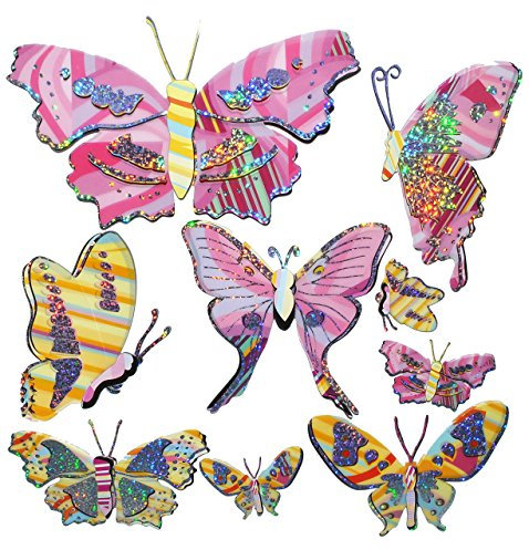 alles-meine.de GmbH 9 TLG. Set 3-D ! Wandtattoo/Fensterbild - Tier Schmetterling mit Glitter - pink gelb - Folie selbstklebend - Wandsticker Sticker Aufkleber