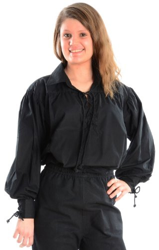 HEMAD Camicia medievale da donna con maniche a sbuffo e allacciatura - 100% cotone - Nero S