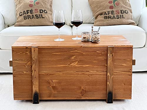 Uncle Joe´s Truhe Couchtisch Truhentisch im Vintage Shabby chic Style aus Massiv-Holz in braun mit Stauraum und Deckel Holzkiste Beistelltisch Landhaus Wohnzimmertisch Holztisch nussbaum