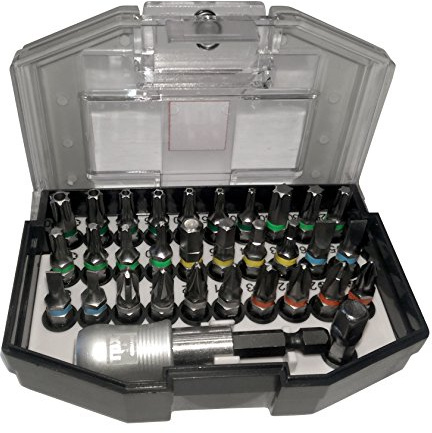 TOX Bit-Set Clip On mit Bithalter und Adapter, 32-tlg. | Bit-Box mit Schlitz, Kreuzschlitz, Hex, Torx und Loch-Torx, Farbkennung, transparenter Deckel, 09790002