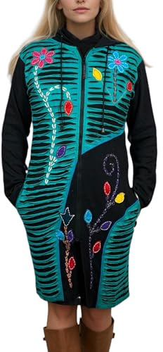 Agan Traders Women's Bohemian Patchwork Distressed Long Jackets for Women – Multicolor Razor Cut Embroidered Rib Knit Hooded Coat with Zipper, Handmade in Nepal (324 RJ, L, TL)