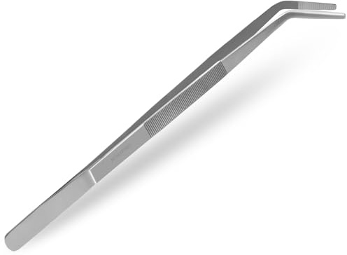 Premium Küchenpinzette Grillpinzette gebogene Kochpinzette aus Edelstahl | Gourmet BBQ Pinzette zum Wenden von Würstchen, Steak oder Gemüse in 50 cm Länge. Pinzettenspitzen mit Innenriffelung