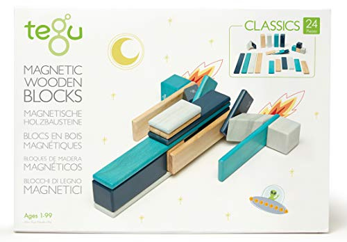 Tegu 5700509 Magnetische Holzbausteine, Holzset blau, Holzspielzeug für Kinder ab 12 Monaten, 24-teilig