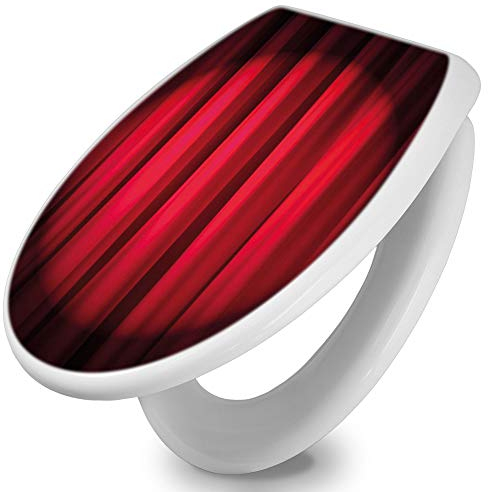 banjado Toilettendeckel mit Absenkautomatik 44,5x37cm / WC Brille Soft Close/hygienischer Toilettendeckel/Klodeckel Duroplast Edelstahl Scharniere einfache Montage/Motiv Roter Vorhang