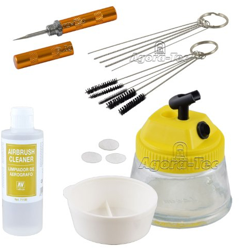 Agora-Tec® AT- Airbrush-CLEAN-Reinigungs Zubehör-Set bestehend aus Cleaning Pot, 5 Reinigungsbürsten, 5 Reinigungsnadeln, Reamer & 200ml Vallejo Airbrush Cleaner