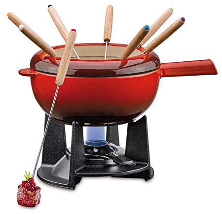 Spring Juego de fondue de hierro fundido rojo, 20 cm de diámetro, con 8 tenedores de fondue y protección contra salpicaduras, para fondue de queso, fondue de carne, quemador de refugio