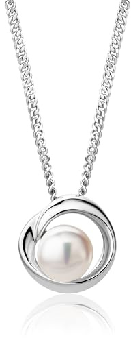 MIORE Collares Mujer de Plata con Colgante de Perla Blanca de 8 mm Plata Sterling 925, Cadena Barbada a 45 cm, Hipoalergénico, Joyería hecha a mano, Se entrega en Estuche para Joyas