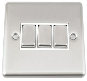 A5 Light Switch - Triple 3 Gang 2 Way - Satin Brushed Chrome - Classic Style White Insert Metal Rocker Switch