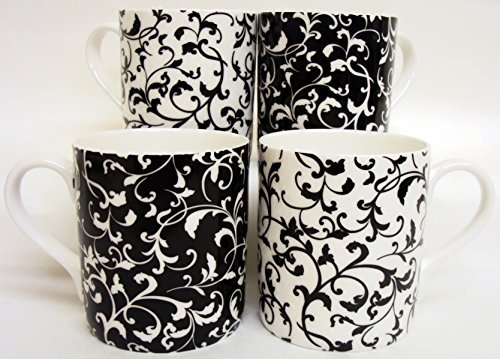fromeuropewithlove Venetian Mugs Set of 4 Fine Bone China Balmoral Venetian Black and White Mugs Hand Decorated in the UK Free UK Delivery