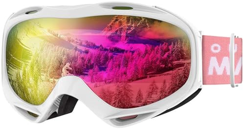 OutdoorMaster OTG Ski Goggles - Over Glasses Ski/Snowboard Goggles for Men, Women & Youth - 100% UV Protection (White Frame + VLT 13.5% Pink Lens with Full REVO Pink)