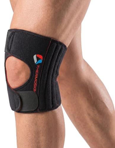 Thermoskin Sports Kniebandage verstellbar mit Seitenstabilisatoren, Kniestütze Damen und Herren, Patellasehnenbandage Jumperband, Kompression und Wärme beim Sport, Schwarz