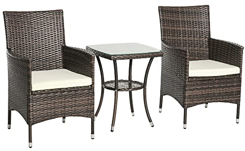 Outsunny 3 Pieces Rattan Bistro Set, Wicker Garden Furniture Set with 2-Tier Coffee Table and Chairs, Cushions, for Outdoor Patio Balcony, Brown