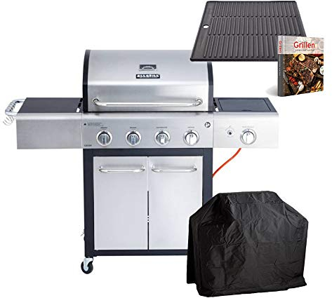 Allgrill Gasgrill FESTIVAL inkl. Abdeckhaube, 1/2 Gussgrillplatte und Grillbuch (edelstahl-schwarz)