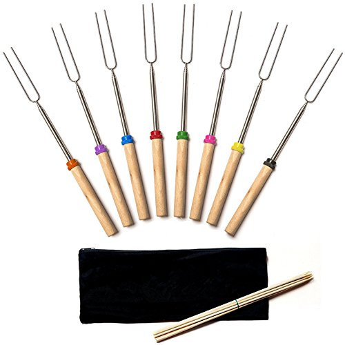 Bestland Set von 8 Grillspieße Grillgabel Grill Werkzeug BBQ Spieße Ausziehbar Edelstahl mit Holzgriff 31cm-82cm für Lagerfeuer Barbecue