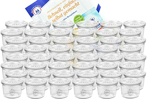 MamboCat 48er Set Weck Gläser 80ml Sturzgläser mit 48 Glasdeckeln mit Gelierzauber Rezeptheft von Diamantzucker I Original Weck Sturzglas Dessertglas I Einweckgläser mit Deckel für Kuchen Gelees