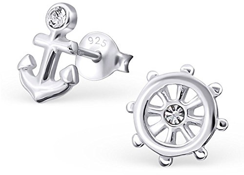 Bungsa .925 STERLING SILVER Ohrstecker Anker & Steuerrad mit Kristall Boot Yacht (Ohrringe Echtschmuck Studs Ohrschmuck Damen Frauen Herren)