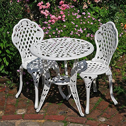 Lazy Susan Rose Ensemble Bistro de Jardin Rond | 2 Places | Fonte d'aluminium | Résistant aux intempéries | sans Entretien | 2 x Chaises de Bistro | Finition Blanche
