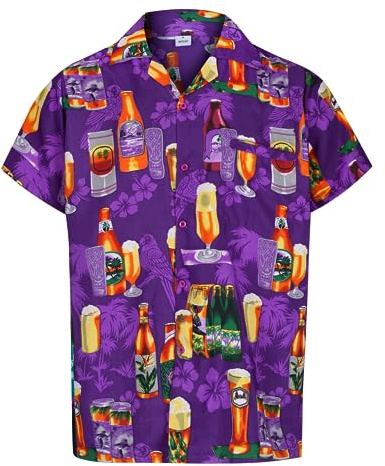 REDSTAR Hawaiiansk skjorta för män kortärmad hjort strand semester ölflaska design fin klänning Hawaii, Lila, M