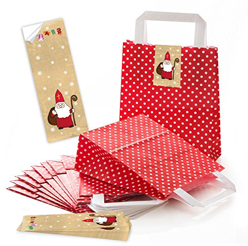 Logbuch-VErlag 25 Nikolaussäckchen rot weiß mit Heiliger Nikolaus Aufkleber gold Nikolausgeschenk Verpackung Papierbeutel zum Befüllen 18 x 8 x 22 cm