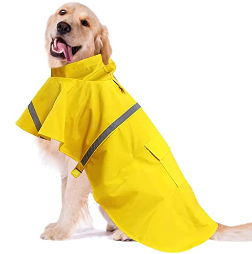 OCSOSO Manteau de pluie réglable à séchage rapide avec capuche pour chiens, imperméable pour chien, veste de pluie pour chien, lurcher, bouledogue, cavapoo (jaune, taille XL dos : 60 cm)