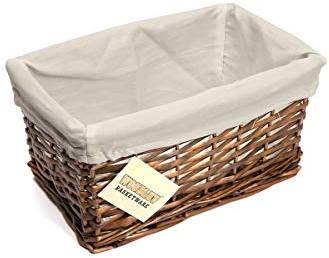 Woodluv Brown Wicker Storage Basket W/Off White Cloth Lining Xmas Hamper - Small