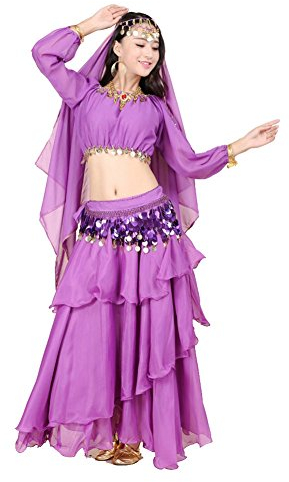 Best Dance Damen Bauchtanz Kostüm Kleid Rock Lagen, großer langer Rock Gürtel & BH Top & Rock lila