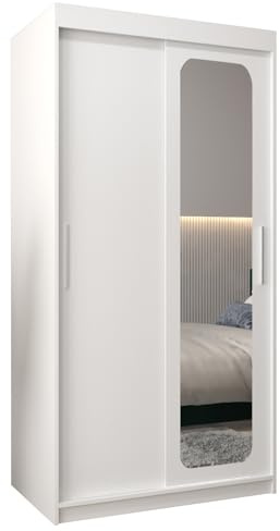 ABIKSMEBLE Promo 2 100 Armoire à Deux Portes Coulissantes pour Chambre à Coucher - Moderne Armoire de Rangement avec Miroir, Tringle et Étagères - 100x200x62 cm (L x H x P) - Blanc Mat