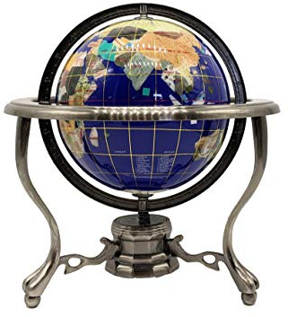 Unique Art 10-Inch Tall Table Top Blue Lapis Ocean Gemstone World Globe with Silver Tripod Stand