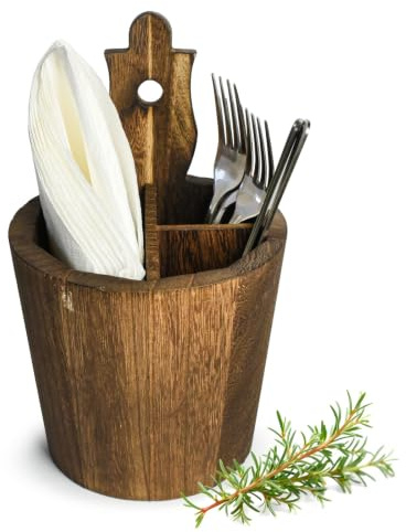 Sendez Besteckkorb Holz - Handgemachter Besteckbehälter mit 3 Kammern, Massivholz Besteckfass & Besteckkasten Geflammt Dunkel