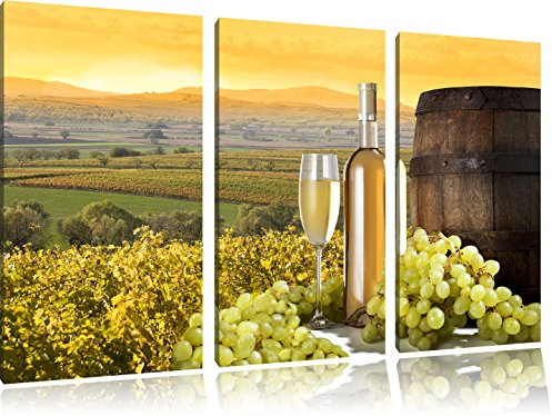 Pixxprint Weinreben mit Weinflasche und Fass, Leinwandbild 3 Teilig, Gesamtmaß: 120x80cm, Wandbild, Dekoration, fertig gespannt, Kein Poster