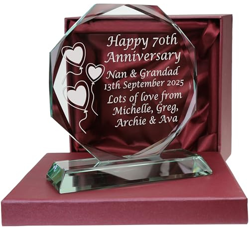De Walden 70th Platinum Wedding Anniversary Personalised Cut Glass Keepsake | Engraved Presentation Gift, 70 Years, For Parents, Grandparents, Friends