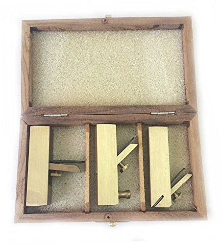 Kaufhof ATS-5464 Micro Brass Plane 3 Piece Standard, Bull Nose, Scraper in Wooden Box