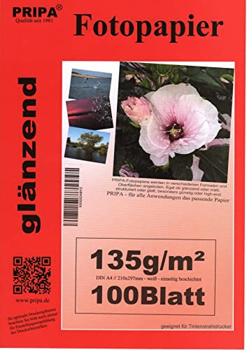 pripa 100 Blatt Fotopapier DIN A4, 135g /qm, high -glossy hoch-glaenzend -sofort trocken - wasserfest - hochweiß - sehr hohe Farbbrillianz, fuer InkJet - Tintenstrahl - Drucker