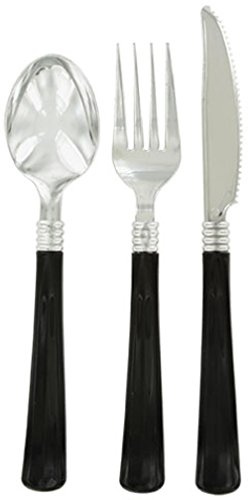Plastic Flatware - Silver with Black Handles - 8 Place Settings - Cutlery - Disposable