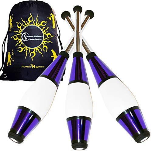 Juggle Dream Euro PRO Clave da Giocoleria Set di 3 (12 Combinazioni di Colori!) Metallic Deco Trainer Club - Flames N Games Borsa da Viaggio! (Viola)