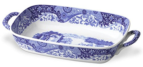 Spode Blue Italian Handled Serving Tray, Large Oven to Table Bakeware, Porcelain Lasagna Pan, Casserole Dish, Dishwasher and Oven Safe