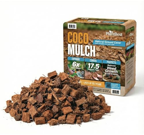 PlantBest Coco Mulch Natural Ground Cover 9.1 lb. Compressed Coconut Coir Block – Expands to 16 Gallons, Covers 17.5 Sq Ft, Tree-Free Mulch for Beds, Trees, and Landscapes