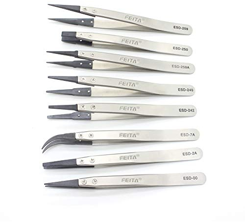 FEITA Antistatic Fiber Tip Tweezer Set, ESD Stainless Steel Precision Tweezers for Electronics, Jewelry-Making, Laboratory, Hobby (8 Pcs)