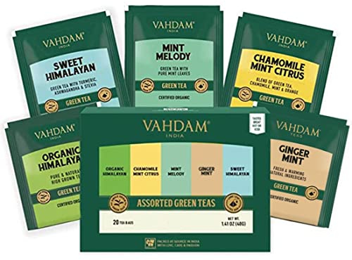 VAHDAM, Coffret dégustation de thé vert (5 saveurs, 20 sachets) | Coffret assortiment, sachets pyramidaux de thé vert feuilles longues | Cadeaux de fête pour femmes et hommes | Cadeaux de Noël 2025