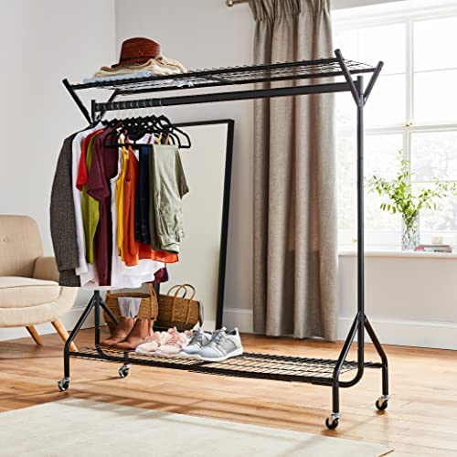 House of Home Clothes Rail Heavy Duty with Wheels Metal Wardrobe Rails For Hanging Clothing & Double Rack Shelves Storage & Organiser for Shirts, Coats, Hat & Shoes 5ft x 5ft Portable Black