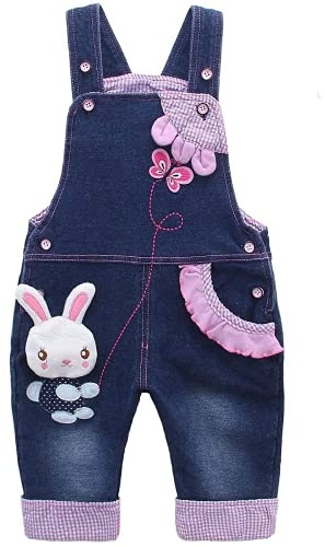 KIDSCOOL SPACE Salopette Di Jeans Per Bambina, Vestito Da Coniglietto 3D Carino In Denim Per Bambini,Blu,6-12 Mesi