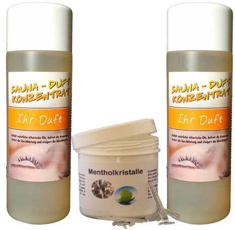 Saunaaufguss-Set 2 x 200 ml Warda Saunaduftkonzentrat (freie Duftwahl) plus 50 g Mentholkristalle pharmazeutisch geprüft