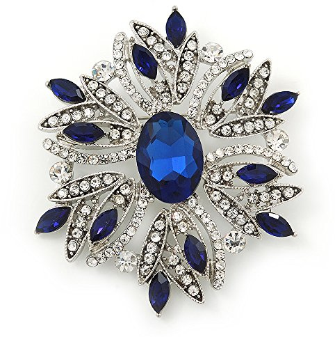 One Blank azul marino, Cristal austríaco transparente broche con forma de corsé en Rodio en relieve con brillantes - 60 mm Longitud