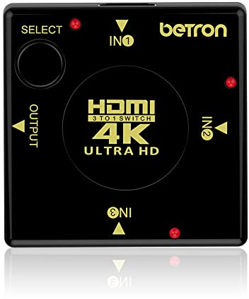 Betron 3 Port HDMI Switch 4K Ultra HD Selector for TV Monitor PC Gaming Consoles Black