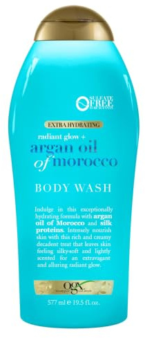OGX Radiant Glow + Argan Oil of Morocco Extra Hydrating Body Wash for Dry Skin, Moisturizing Gel Cleanser for Silky Soft Skin, Body Wash for Women, Sulfate-Free Surfactants, 19.5 fl oz