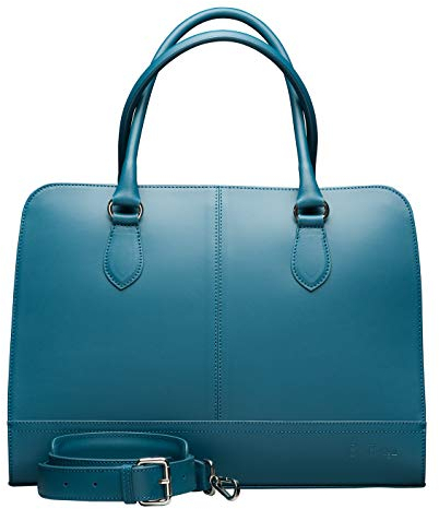 Su.B Laptoptasche 15.6 Zoll für Damen, Umhängetasche aus Spaltleder mit Schulterriemen und Kofferband, Hergestellt in Italien - Türkis