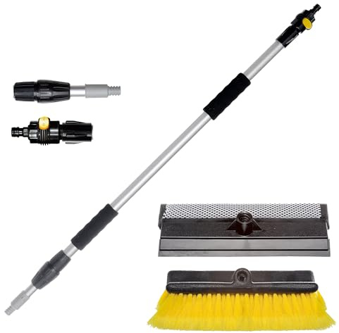 Yachticon Waschbürstenset Nr. 1 – Teleskopstiel 90–175 cm mit Wasserdurchlauf, Waschbürste ohne Seitenborsten & Schwamm-Abzieher für Boot, Auto, Wohnmobil & Caravan