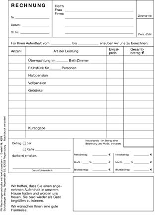Rechnungsblock DIN A5 speziell für Hotels, Pensionen, Beherbergungsbetriebe, Vermietungen usw.